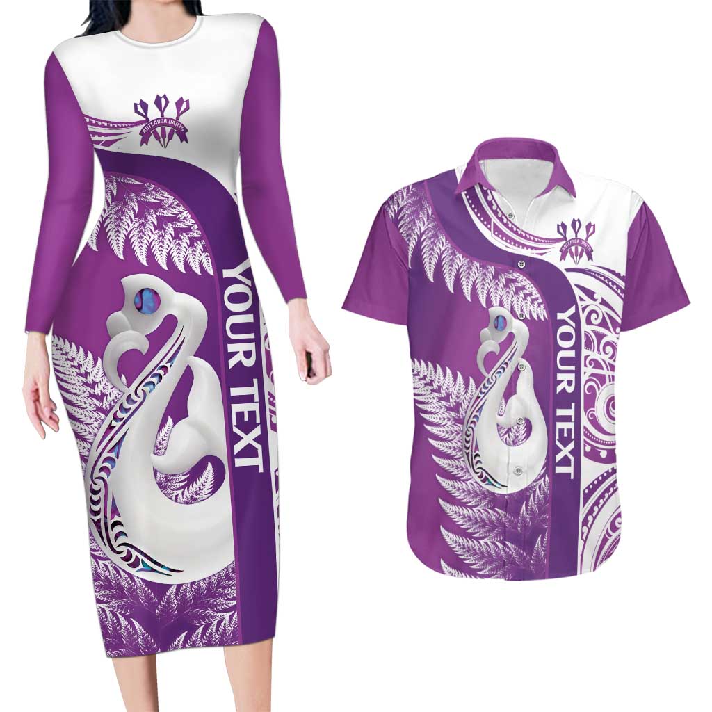 Personalised New Zealand Darts Couples Matching Long Sleeve Bodycon Dress and Hawaiian Shirt Aotearoa Fern Mix Paua Shell Manaia - Purple