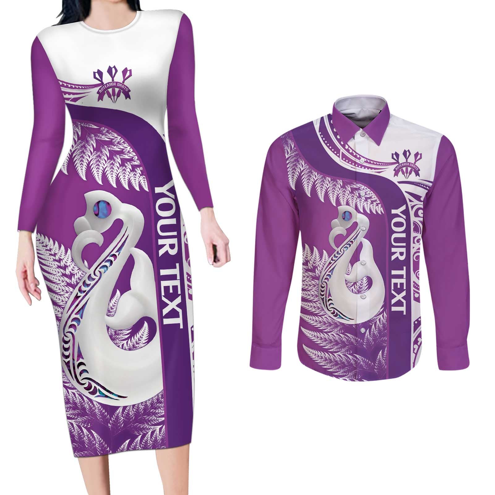 Personalised New Zealand Darts Couples Matching Long Sleeve Bodycon Dress and Long Sleeve Button Shirt Aotearoa Fern Mix Paua Shell Manaia - Purple