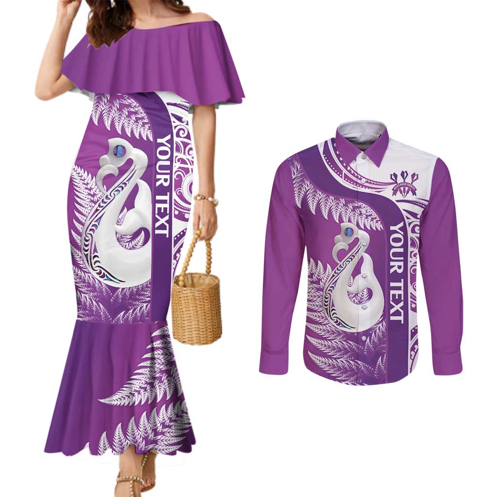 Personalised New Zealand Darts Couples Matching Mermaid Dress and Long Sleeve Button Shirt Aotearoa Fern Mix Paua Shell Manaia - Purple