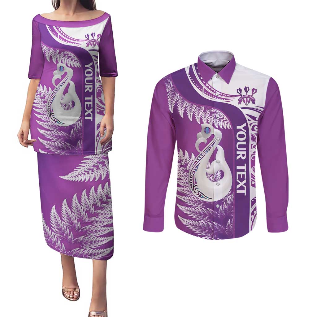 Personalised New Zealand Darts Couples Matching Puletasi and Long Sleeve Button Shirt Aotearoa Fern Mix Paua Shell Manaia - Purple