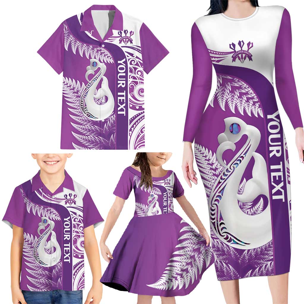 Personalised New Zealand Darts Family Matching Long Sleeve Bodycon Dress and Hawaiian Shirt Aotearoa Fern Mix Paua Shell Manaia - Purple