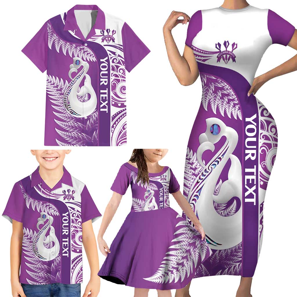 Personalised New Zealand Darts Family Matching Short Sleeve Bodycon Dress and Hawaiian Shirt Aotearoa Fern Mix Paua Shell Manaia - Purple