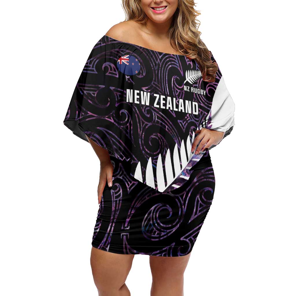 New Zealand Silver Fern Rugby Custom Off Shoulder Short Dress Go All Black Purple Maori Paua Shell LT14 Women Purple - Polynesian Pride