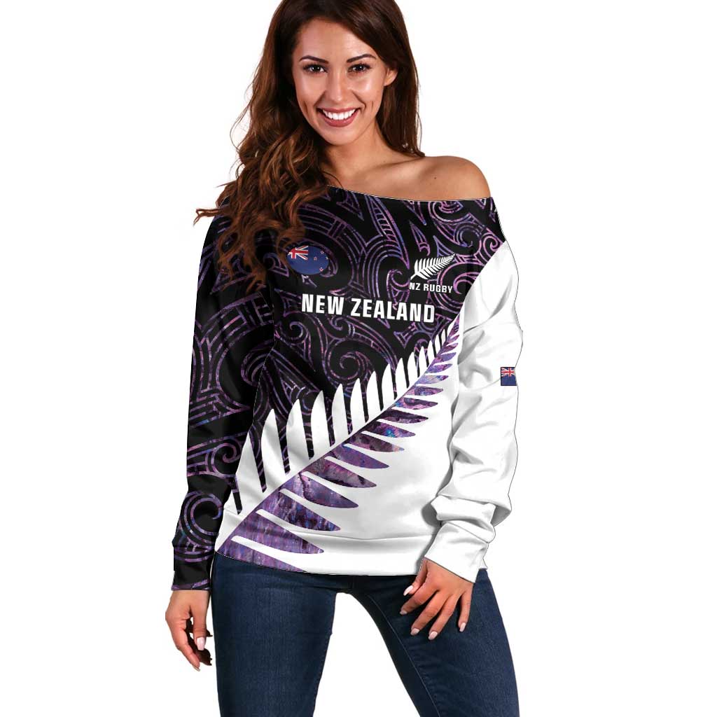 New Zealand Silver Fern Rugby Custom Off Shoulder Sweater Go All Black Purple Maori Paua Shell LT14 Women Purple - Polynesian Pride
