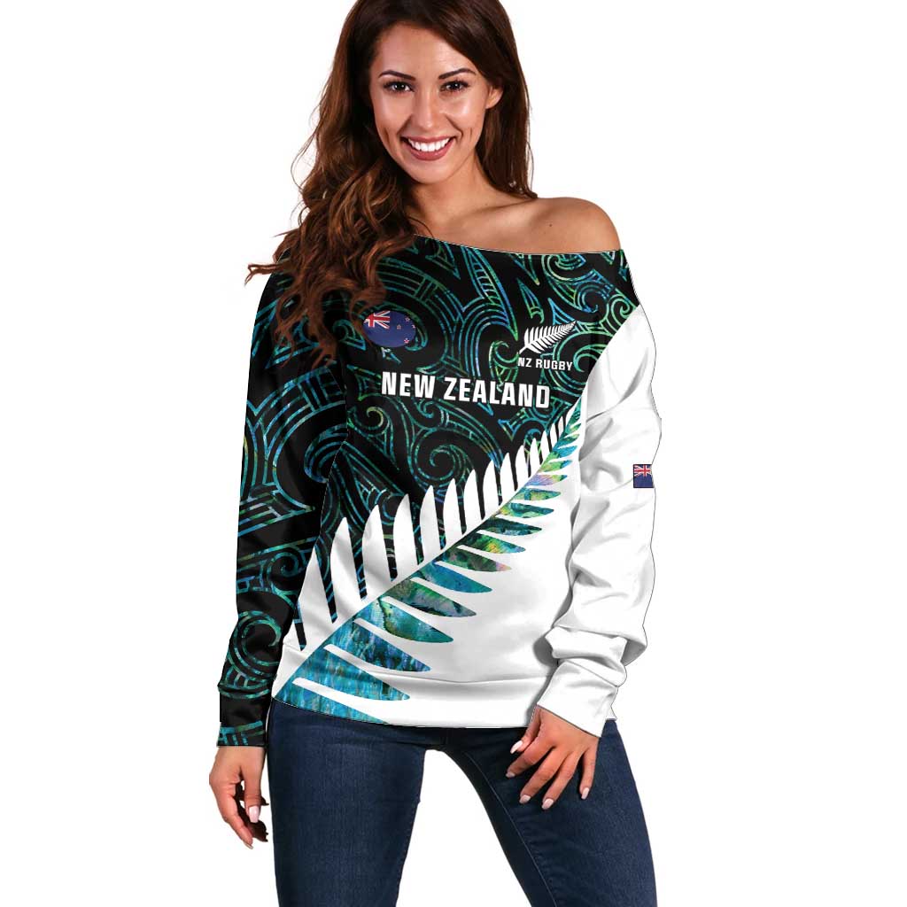 New Zealand Silver Fern Rugby Custom Off Shoulder Sweater Go All Black Turquoise Maori Paua Shell LT14 Women Turquoise - Polynesian Pride