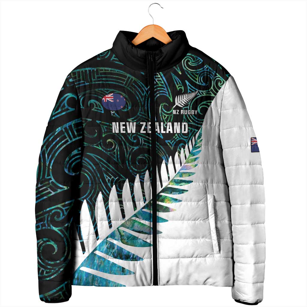 New Zealand Silver Fern Rugby Custom Padded Jacket Go All Black Turquoise Maori Paua Shell LT14 - Polynesian Pride