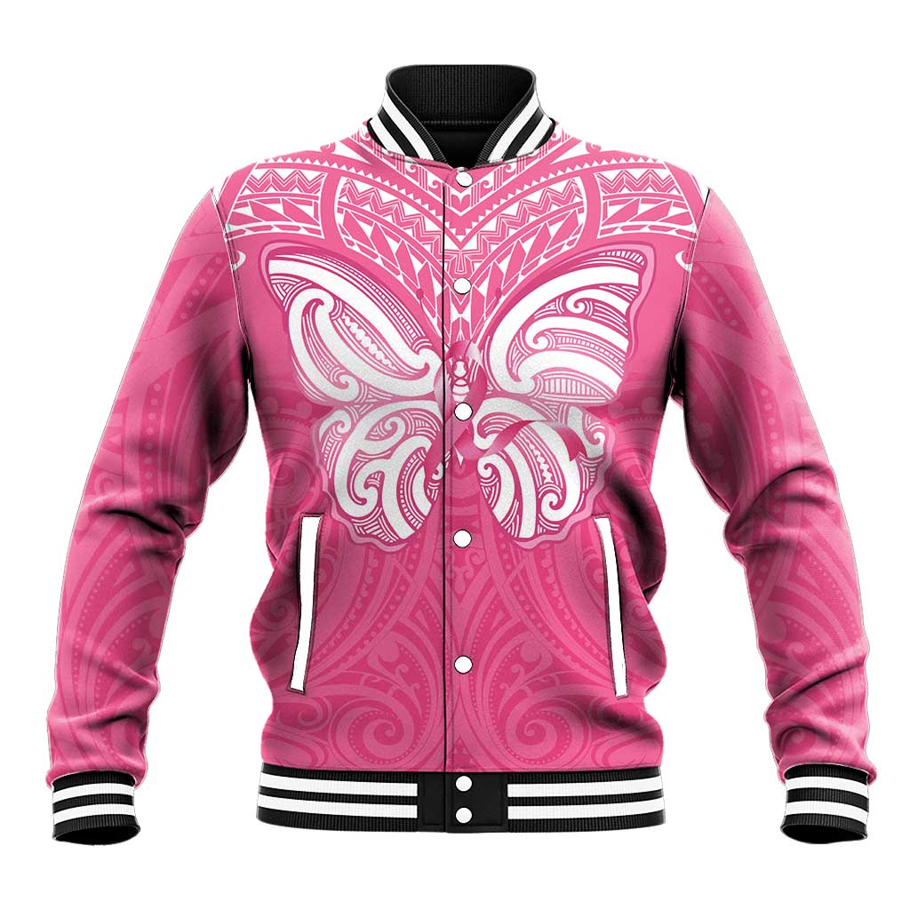 New Zealand Breast Cancer Awareness Baseball Jacket Maori Butterfly Pink Ribbon LT14 Unisex Pink - Polynesian Pride