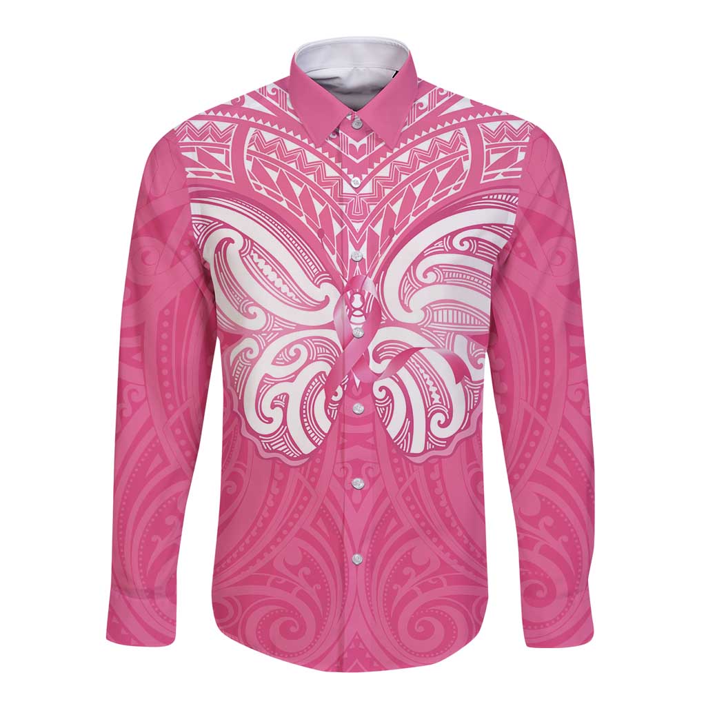 New Zealand Breast Cancer Awareness Long Sleeve Button Shirt Maori Butterfly Pink Ribbon LT14 Unisex Pink - Polynesian Pride