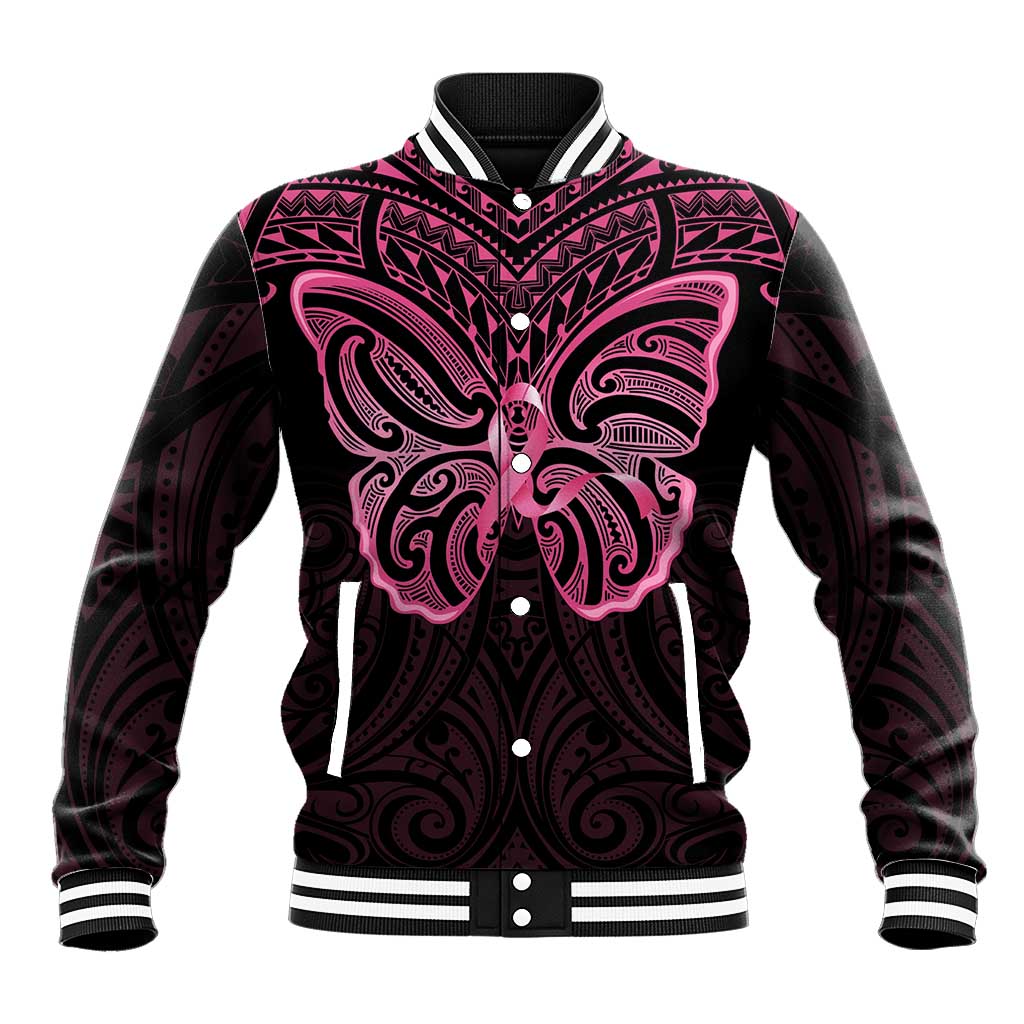 New Zealand Breast Cancer Awareness Baseball Jacket Maori Butterfly Pink Ribbon Black Version LT14 Unisex Black - Polynesian Pride