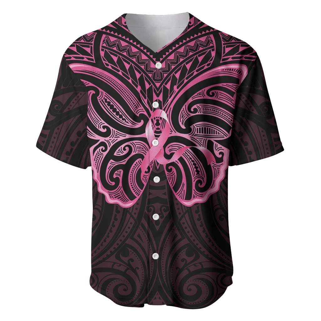 New Zealand Breast Cancer Awareness Baseball Jersey Maori Butterfly Pink Ribbon Black Version LT14 Black - Polynesian Pride