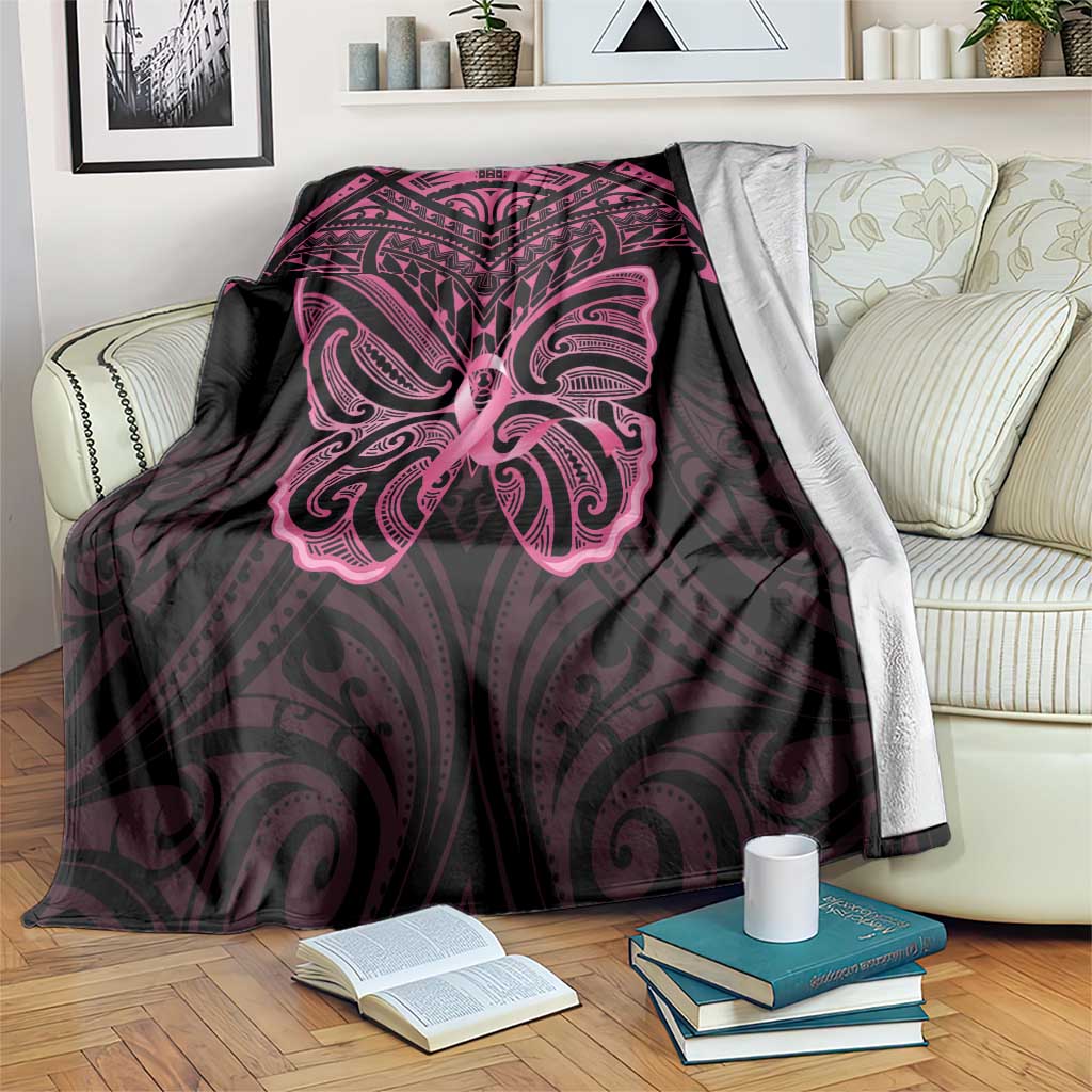 New Zealand Breast Cancer Awareness Blanket Maori Butterfly Pink Ribbon Black Version LT14 Black - Polynesian Pride
