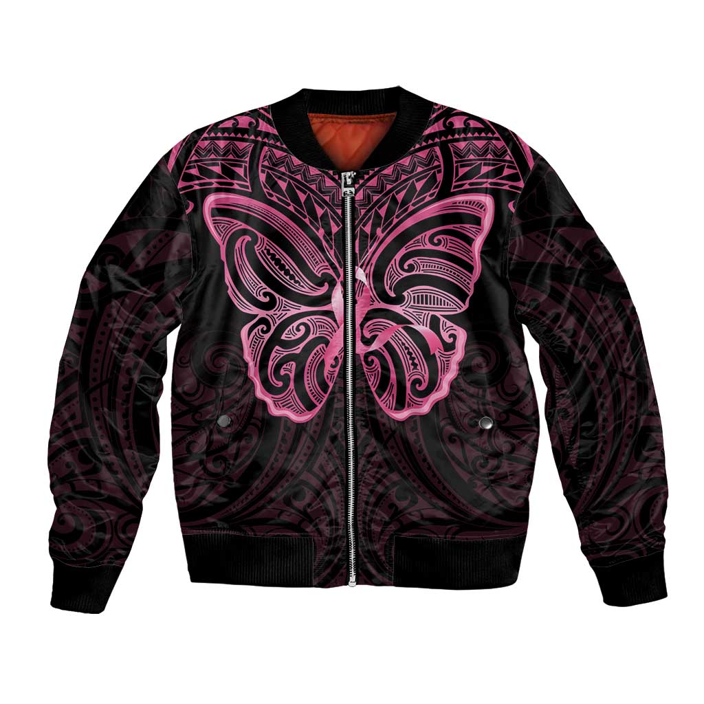 New Zealand Breast Cancer Awareness Bomber Jacket Maori Butterfly Pink Ribbon Black Version LT14 Unisex Black - Polynesian Pride