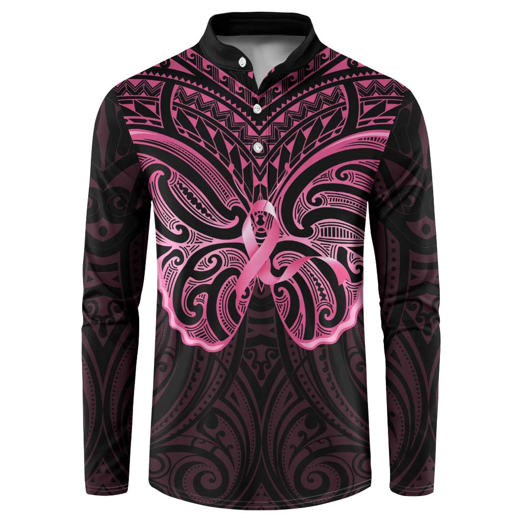 New Zealand Breast Cancer Awareness Button Sweatshirt Maori Butterfly Pink Ribbon Black Version LT14 Black - Polynesian Pride