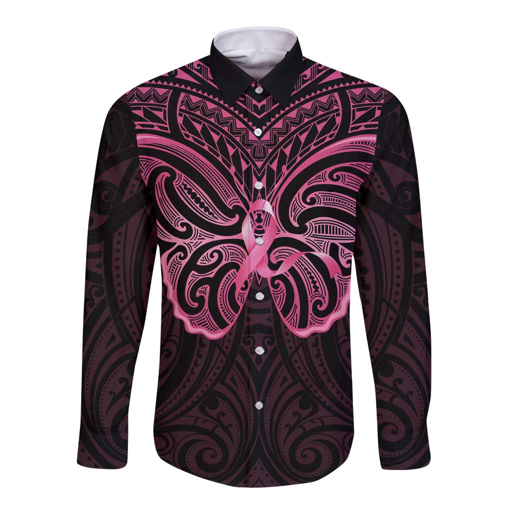 New Zealand Breast Cancer Awareness Long Sleeve Button Shirt Maori Butterfly Pink Ribbon Black Version LT14 Unisex Black - Polynesian Pride