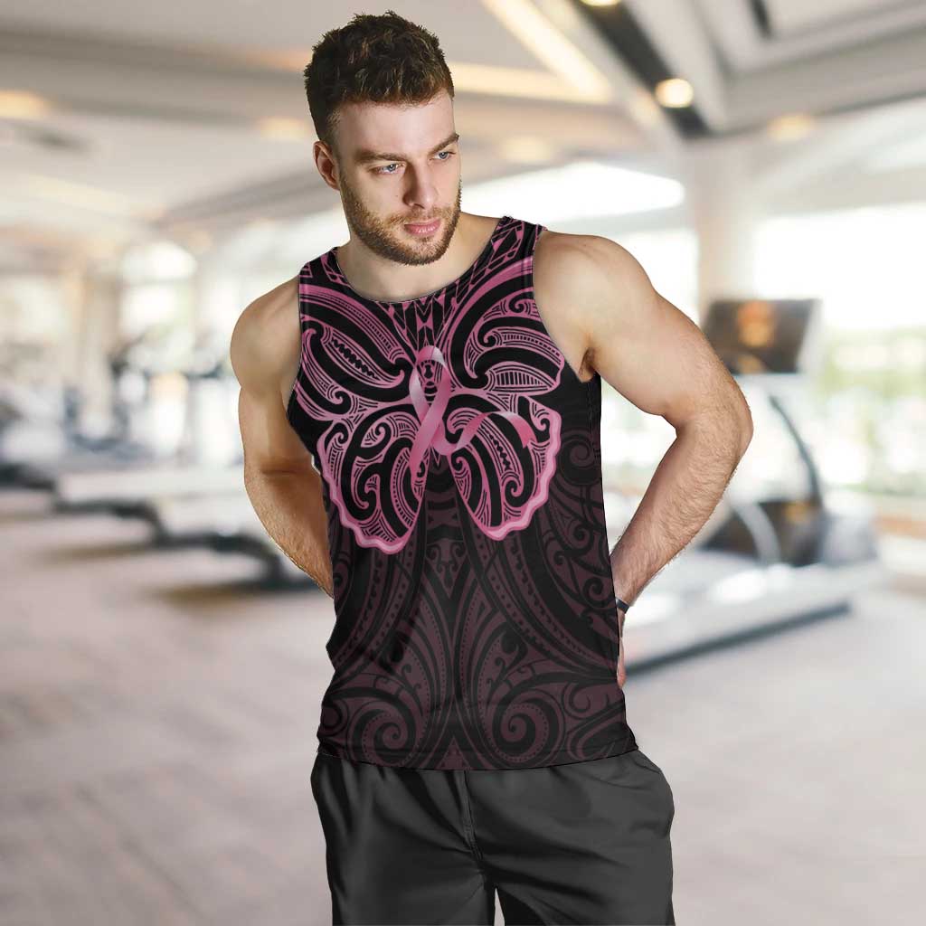 New Zealand Breast Cancer Awareness Men Tank Top Maori Butterfly Pink Ribbon Black Version LT14 Black - Polynesian Pride
