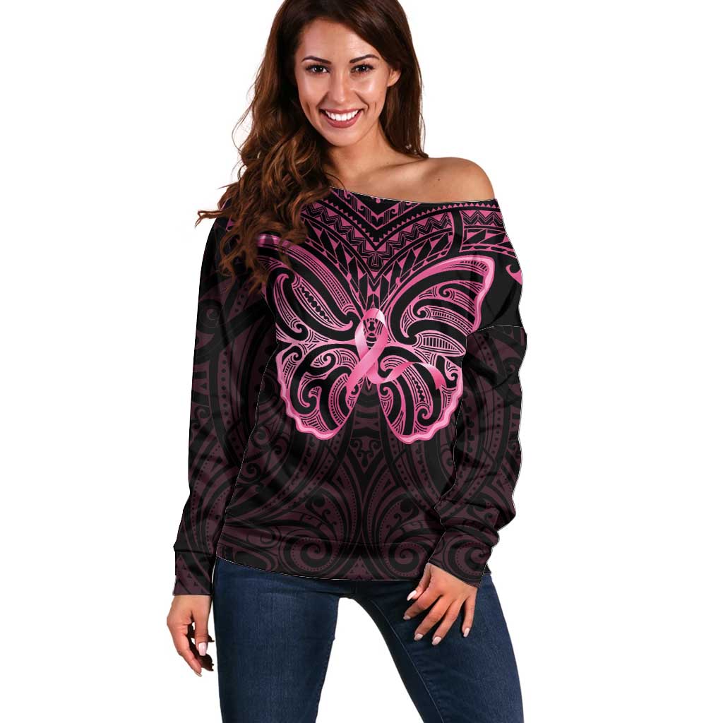 New Zealand Breast Cancer Awareness Off Shoulder Sweater Maori Butterfly Pink Ribbon Black Version LT14 Women Black - Polynesian Pride
