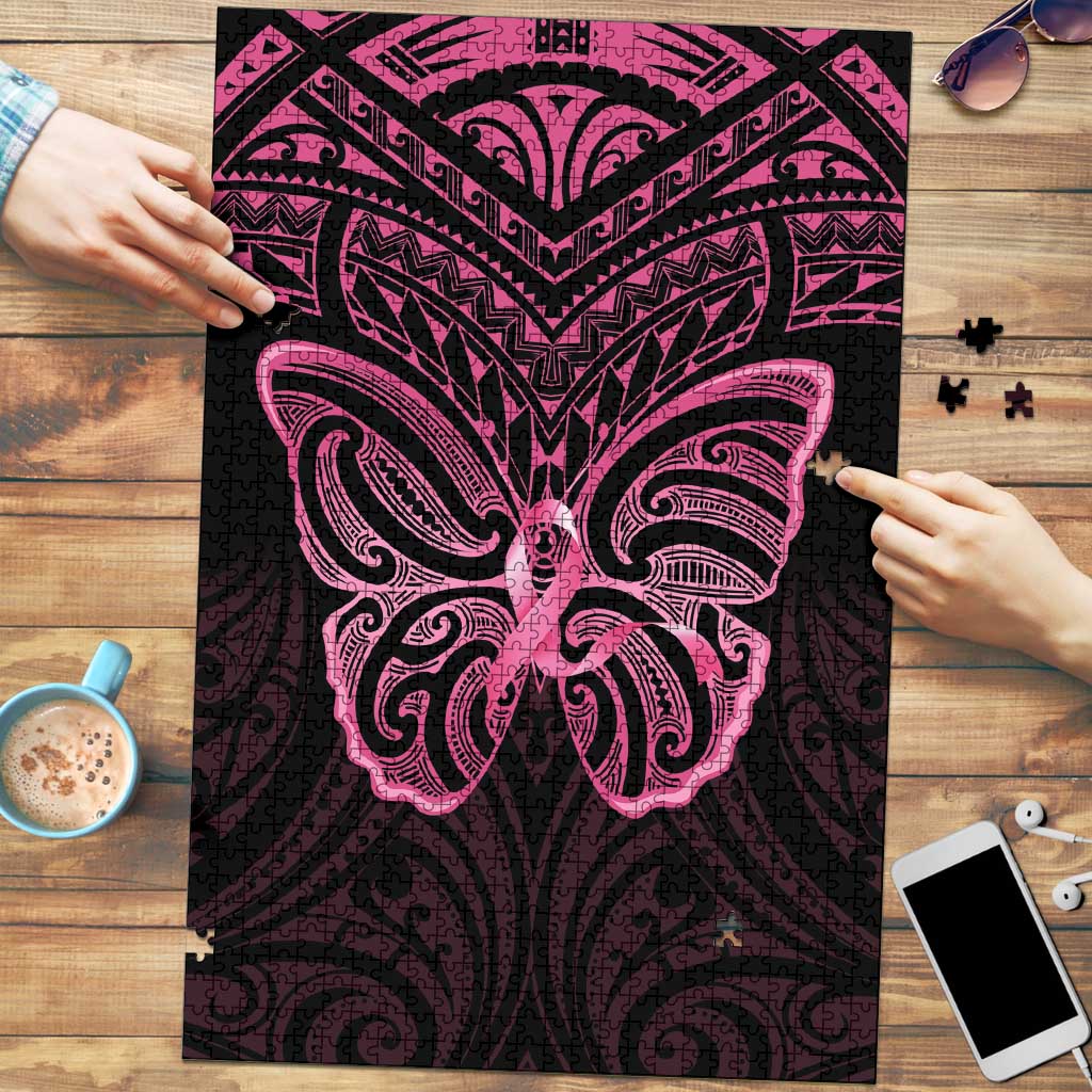 New Zealand Breast Cancer Awareness Puzzle Maori Butterfly Pink Ribbon Black Version LT14 Black - Polynesian Pride