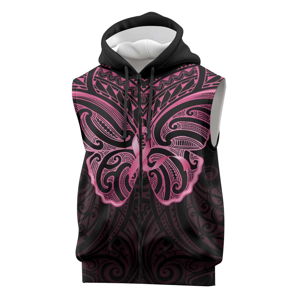 New Zealand Breast Cancer Awareness Sleeveless Zip Hoodie Maori Butterfly Pink Ribbon Black Version LT14 Black - Polynesian Pride