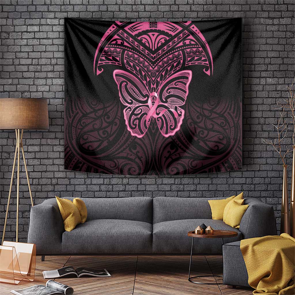 New Zealand Breast Cancer Awareness Tapestry Maori Butterfly Pink Ribbon Black Version LT14 Black - Polynesian Pride