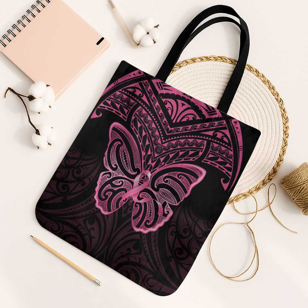 New Zealand Breast Cancer Awareness Tote Bag Maori Butterfly Pink Ribbon Black Version LT14 Black Strap One Size Black - Polynesian Pride