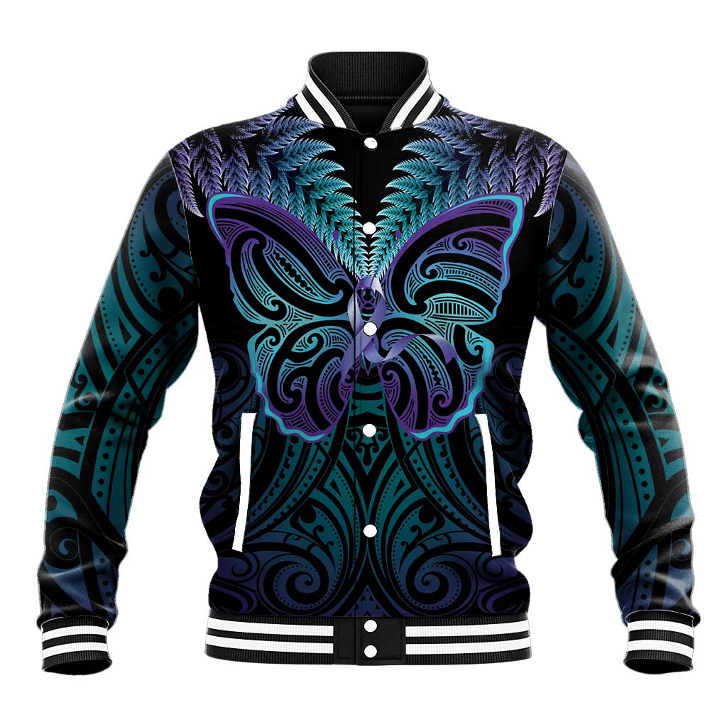 Suicide Prevention New Zealand Baseball Jacket Aotearoa Maori Butterfly Mix Silver Fern LT14 Unisex Black - Polynesian Pride