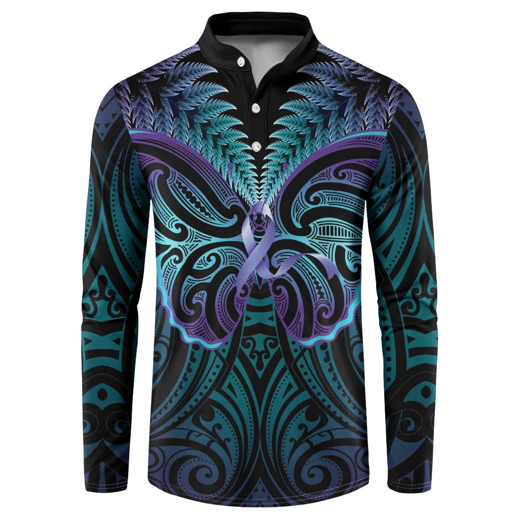 Suicide Prevention New Zealand Button Sweatshirt Aotearoa Maori Butterfly Mix Silver Fern LT14 Black - Polynesian Pride