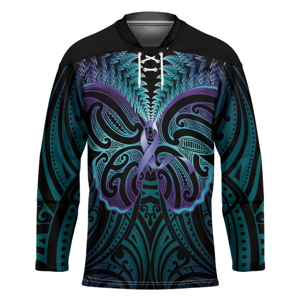 Suicide Prevention New Zealand Hockey Jersey Aotearoa Maori Butterfly Mix Silver Fern LT14 Unisex Black - Polynesian Pride