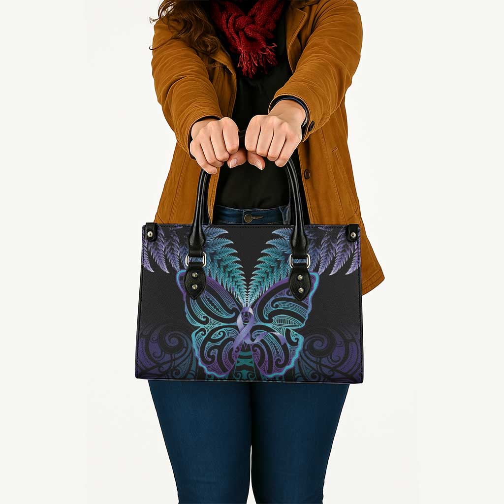 Suicide Prevention New Zealand Leather Bag Aotearoa Maori Butterfly Mix Silver Fern LT14 Black - Polynesian Pride