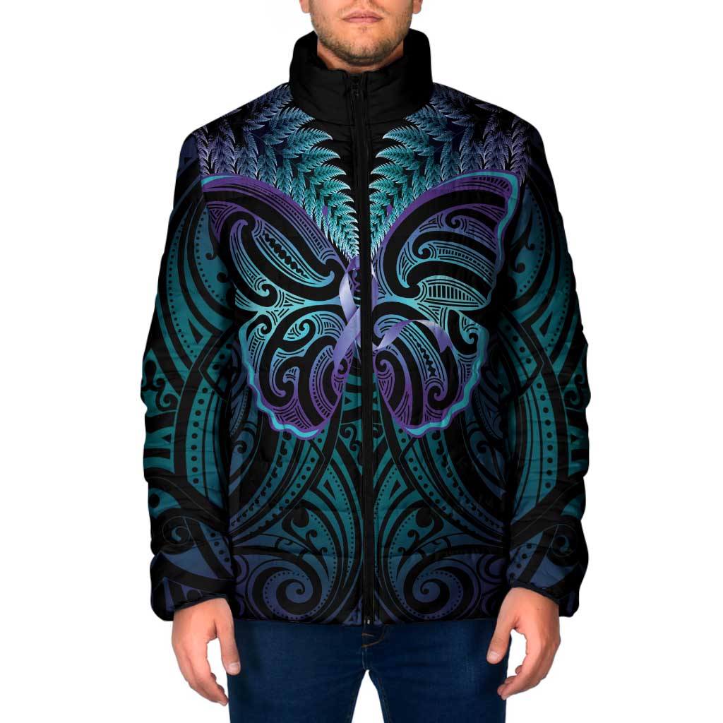 Suicide Prevention New Zealand Padded Jacket Aotearoa Maori Butterfly Mix Silver Fern LT14 Men Black - Polynesian Pride