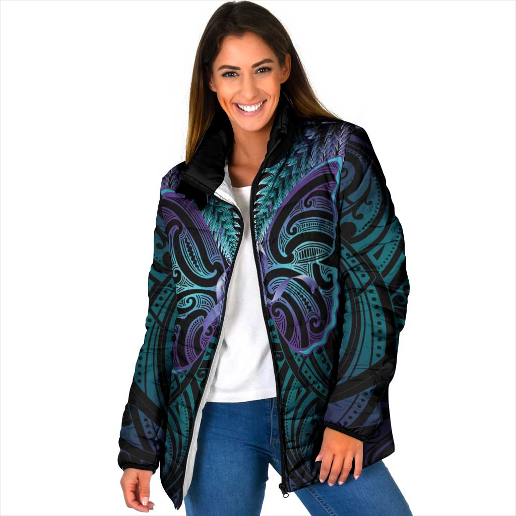Suicide Prevention New Zealand Padded Jacket Aotearoa Maori Butterfly Mix Silver Fern LT14 Women Black - Polynesian Pride
