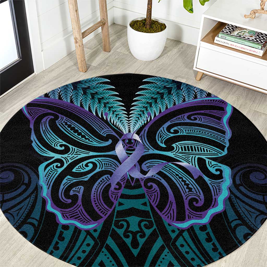 Suicide Prevention New Zealand Round Carpet Aotearoa Maori Butterfly Mix Silver Fern LT14 Black - Polynesian Pride