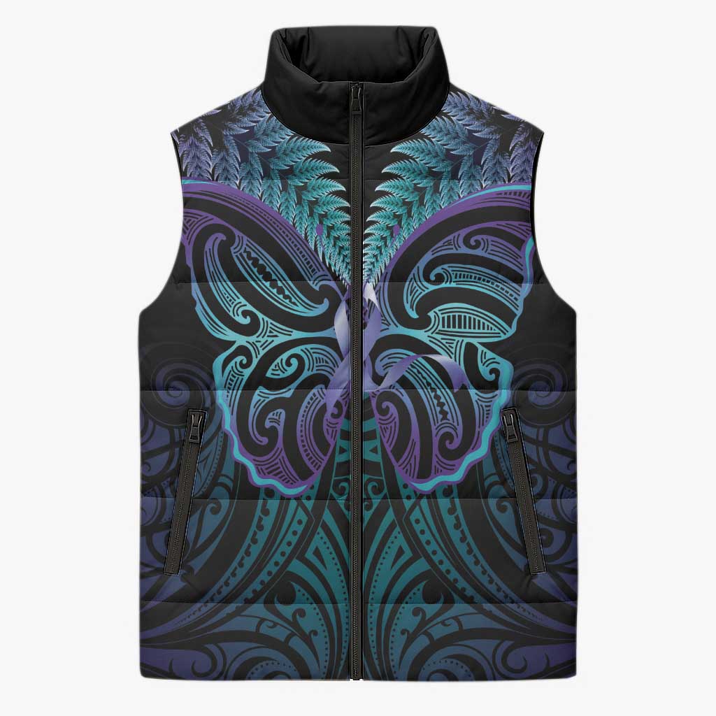 Suicide Prevention New Zealand Sleeveless Puffer Jacket Aotearoa Maori Butterfly Mix Silver Fern LT14 Unisex Black - Polynesian Pride