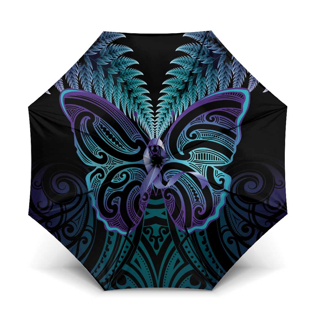 Suicide Prevention New Zealand Umbrella Aotearoa Maori Butterfly Mix Silver Fern LT14 One Size Folded 11.42 inch Opened Diameter 37.4 inch Black - Polynesian Pride