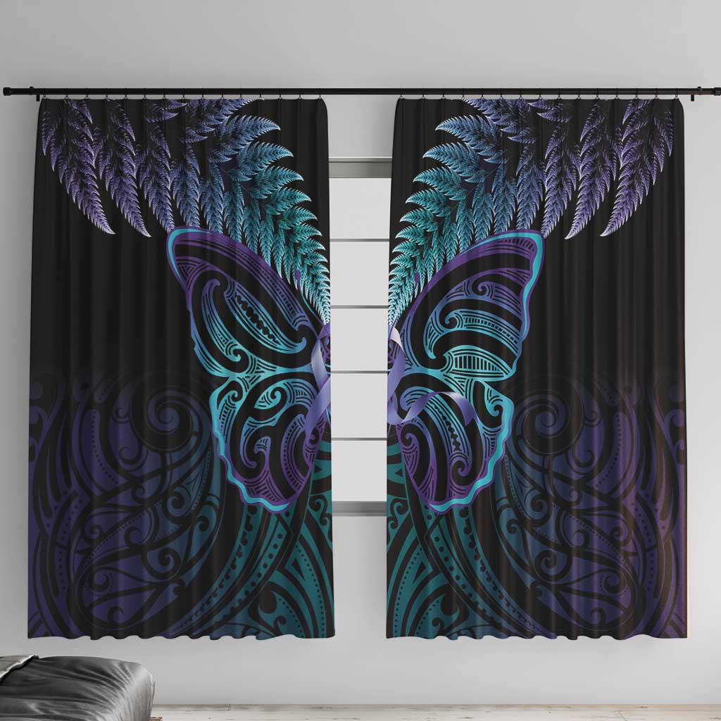 Suicide Prevention New Zealand Window Curtain Aotearoa Maori Butterfly Mix Silver Fern LT14 With Hooks Black - Polynesian Pride
