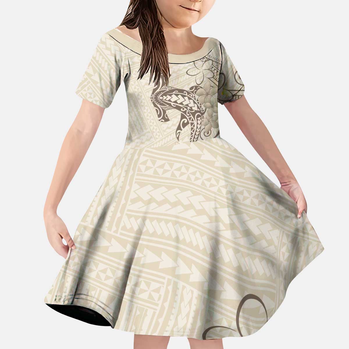 Beige Hawaii Kid Short Sleeve Dress Hammerhead Shark Tattoo Curve Polynesian LT14 KID Beige - Polynesian Pride