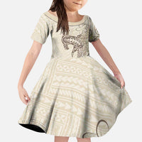 Beige Hawaii Kid Short Sleeve Dress Hammerhead Shark Tattoo Curve Polynesian LT14 KID Beige - Polynesian Pride