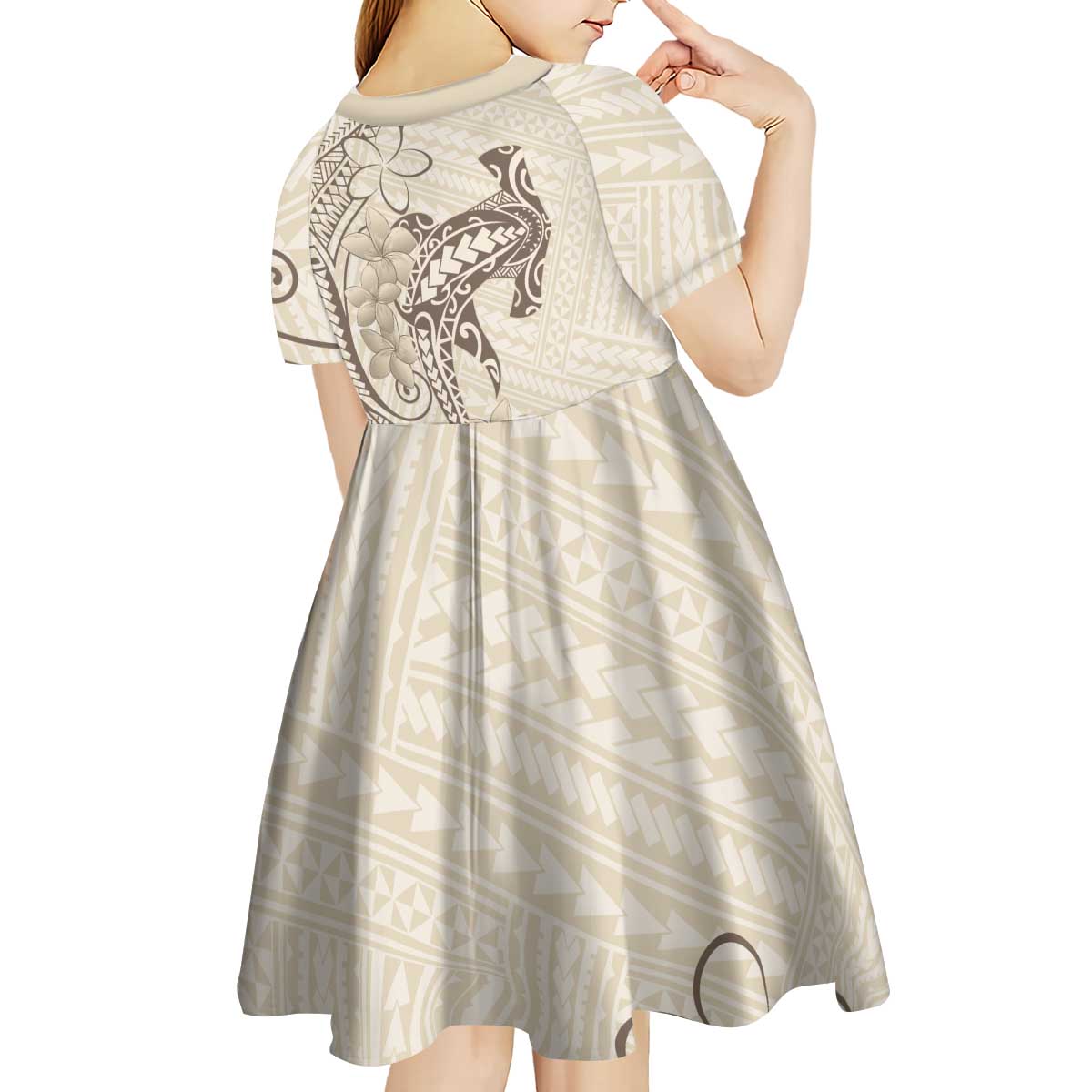 Beige Hawaii Kid Short Sleeve Dress Hammerhead Shark Tattoo Curve Polynesian LT14 - Polynesian Pride