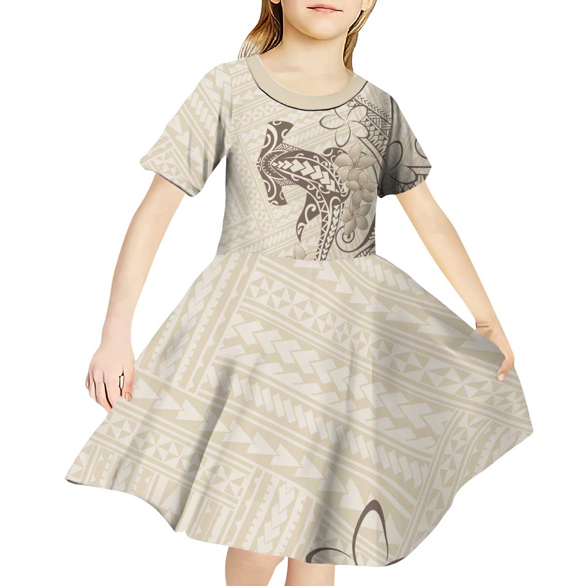 Beige Hawaii Kid Short Sleeve Dress Hammerhead Shark Tattoo Curve Polynesian LT14 - Polynesian Pride