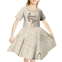 Beige Hawaii Kid Short Sleeve Dress Hammerhead Shark Tattoo Curve Polynesian LT14 - Polynesian Pride