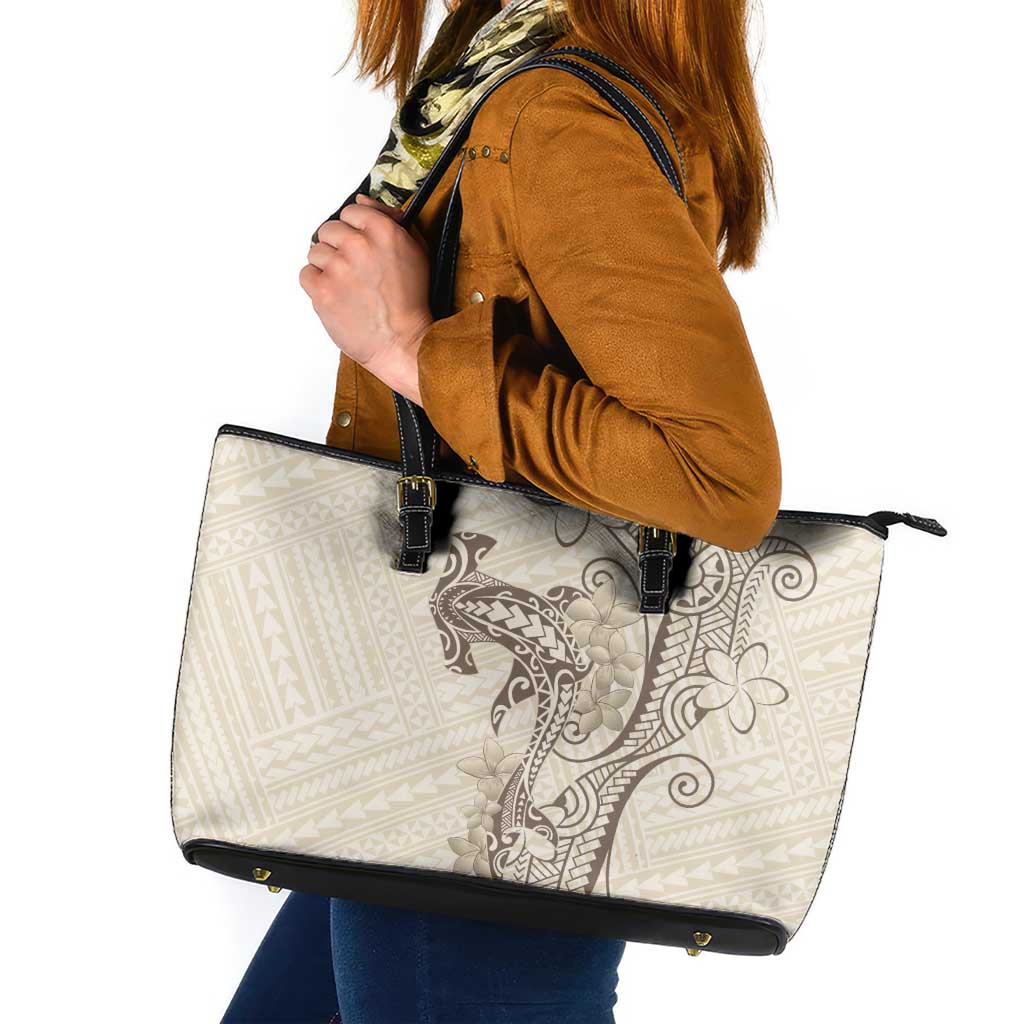 Beige Hawaii Leather Tote Bag Hammerhead Shark Tattoo Curve Polynesian LT14 Beige - Polynesian Pride