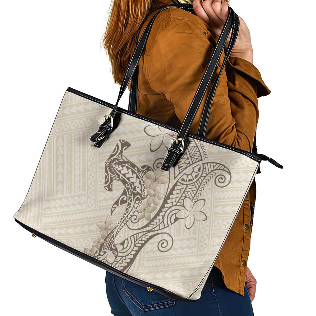 Beige Hawaii Leather Tote Bag Hammerhead Shark Tattoo Curve Polynesian LT14 - Polynesian Pride
