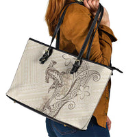 Beige Hawaii Leather Tote Bag Hammerhead Shark Tattoo Curve Polynesian LT14 - Polynesian Pride