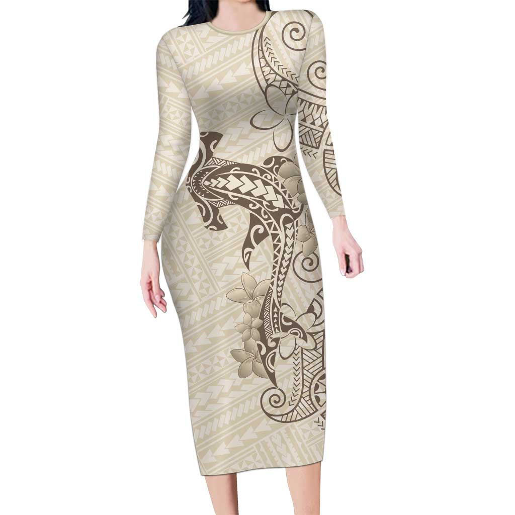Beige Hawaii Long Sleeve Bodycon Dress Hammerhead Shark Tattoo Curve Polynesian LT14 Long Dress Beige - Polynesian Pride
