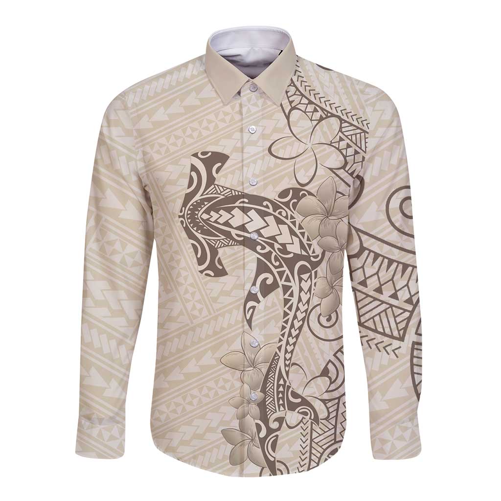 Beige Hawaii Long Sleeve Button Shirt Hammerhead Shark Tattoo Curve Polynesian LT14 Unisex Beige - Polynesian Pride