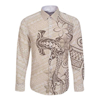 Beige Hawaii Long Sleeve Button Shirt Hammerhead Shark Tattoo Curve Polynesian LT14 Unisex Beige - Polynesian Pride