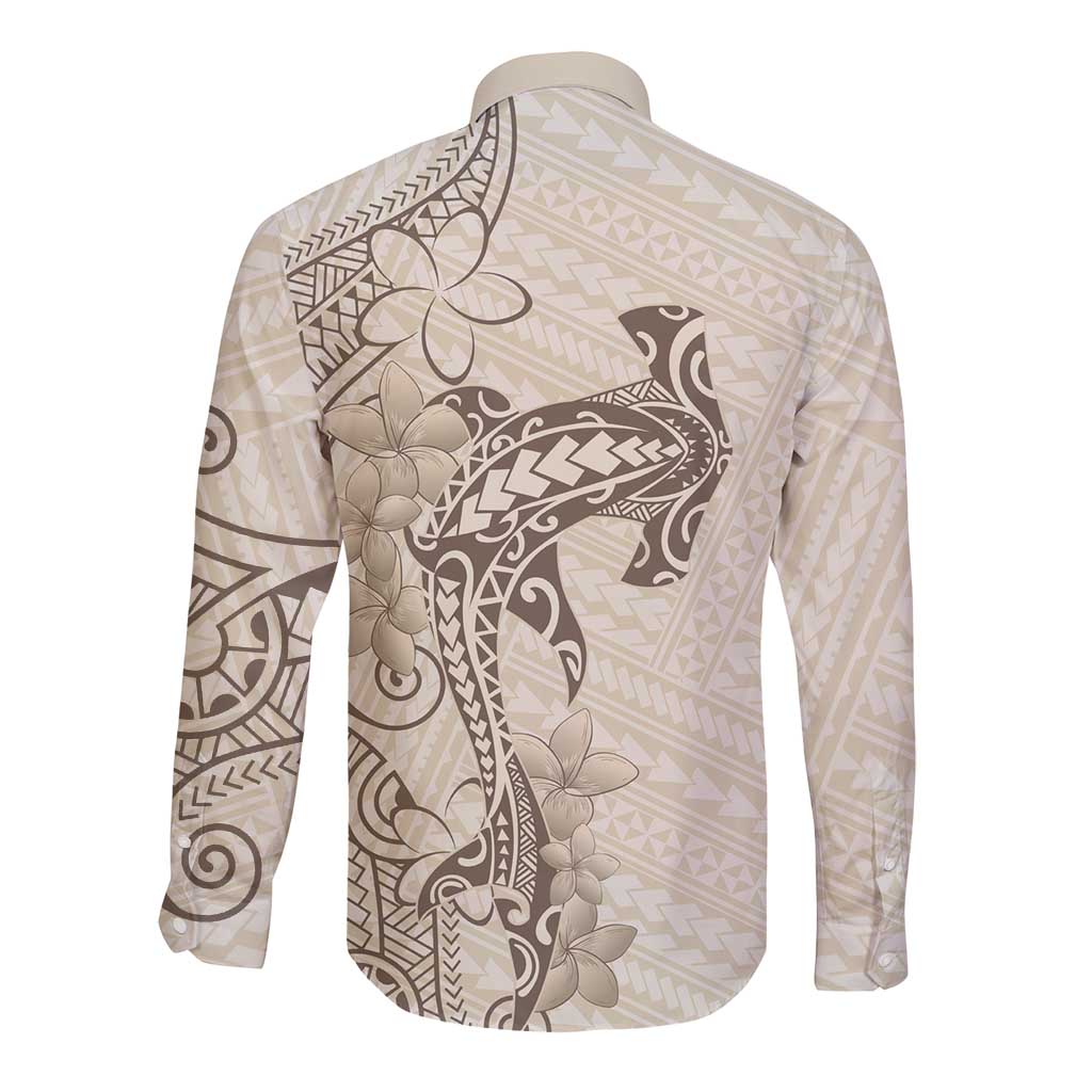 Beige Hawaii Long Sleeve Button Shirt Hammerhead Shark Tattoo Curve Polynesian LT14 - Polynesian Pride