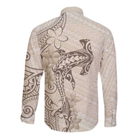 Beige Hawaii Long Sleeve Button Shirt Hammerhead Shark Tattoo Curve Polynesian LT14 - Polynesian Pride