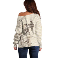 Beige Hawaii Off Shoulder Sweater Hammerhead Shark Tattoo Curve Polynesian LT14 - Polynesian Pride