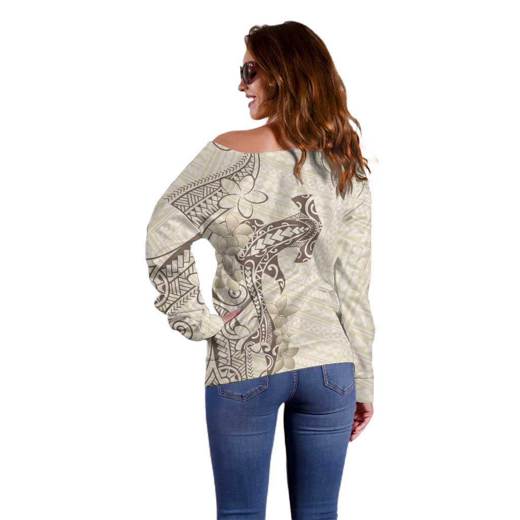 Beige Hawaii Off Shoulder Sweater Hammerhead Shark Tattoo Curve Polynesian LT14 - Polynesian Pride