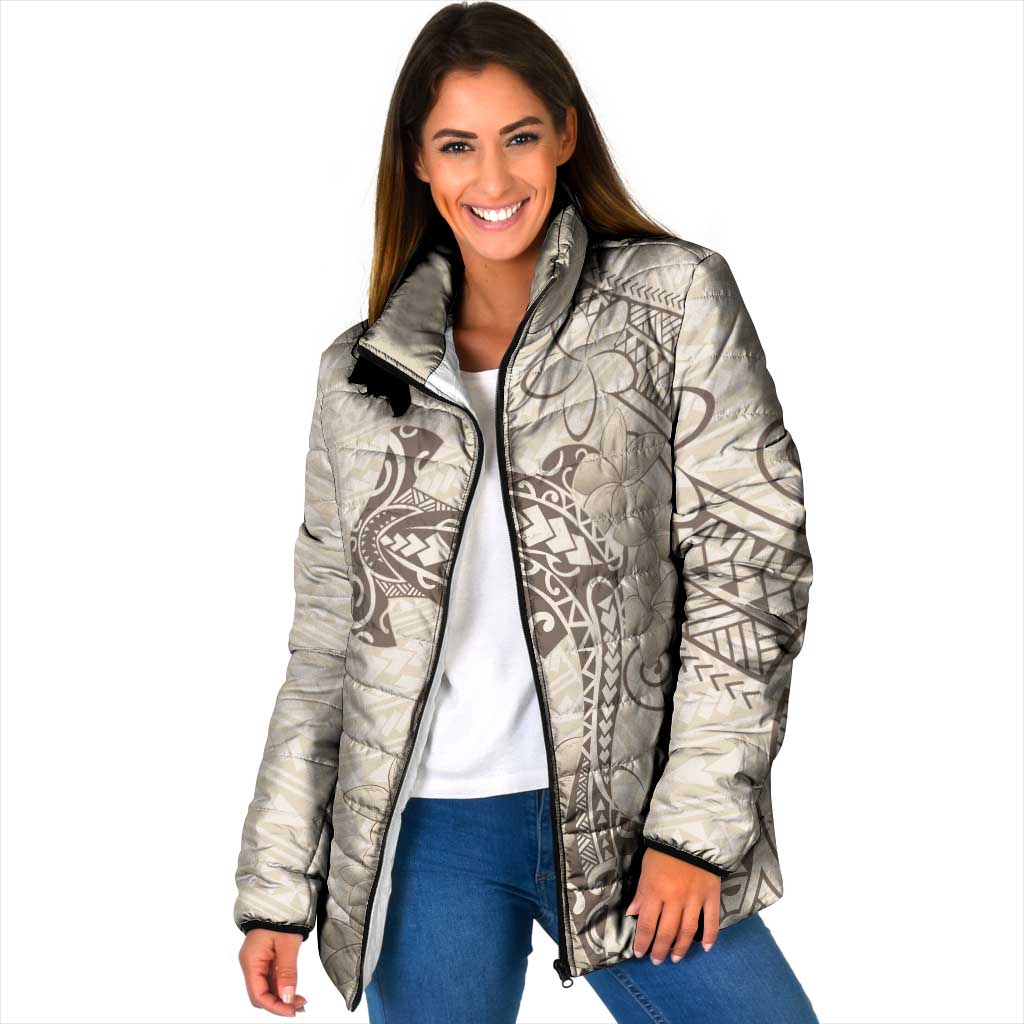 Beige Hawaii Padded Jacket Hammerhead Shark Tattoo Curve Polynesian LT14 Women Beige - Polynesian Pride